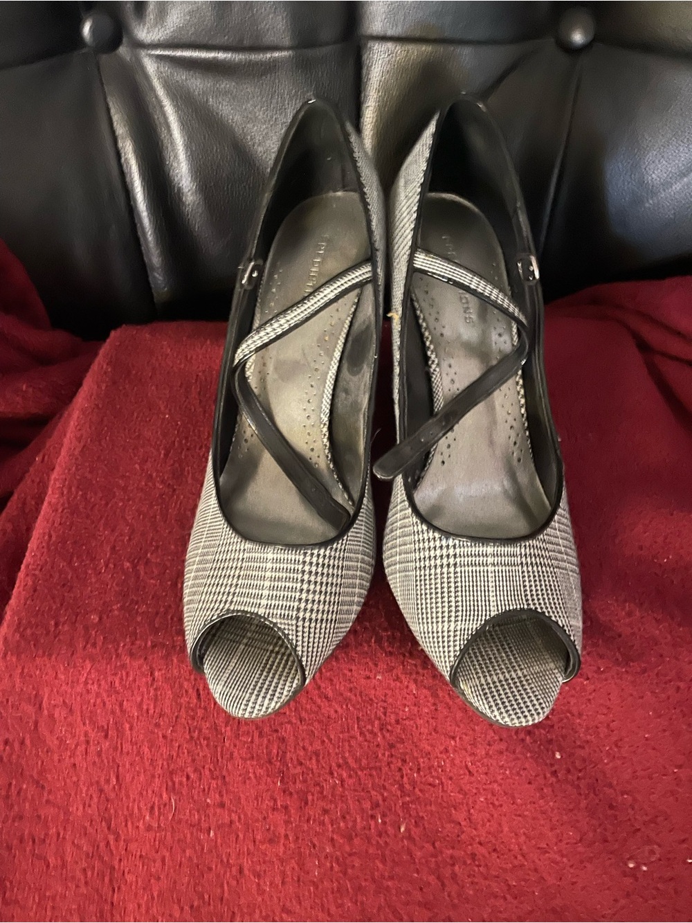 Predictions Black & White Plaid Peep-Toe Heels with Cross Strap